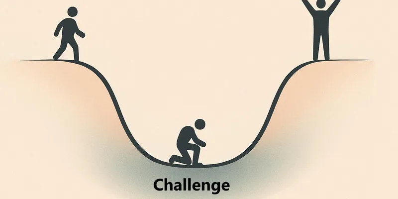 man walking into valley then climbing hill